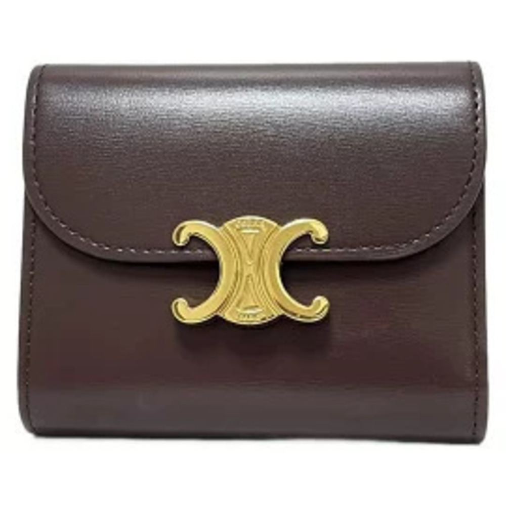 Celine Flap Wallet Triomphe Tri fold Brown Leather